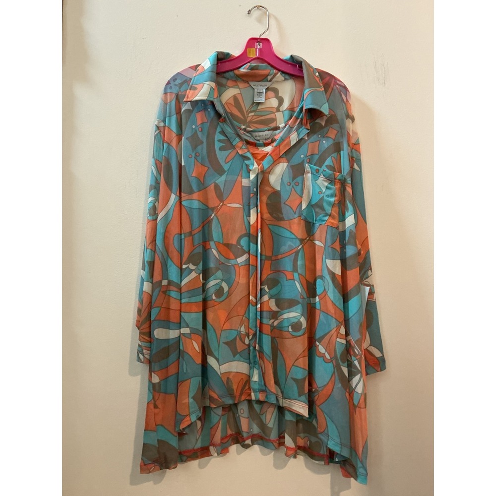 Multiples Womens 3X Sheer Abstract Print Button Down Shirt Tunic‎ Orange Blue